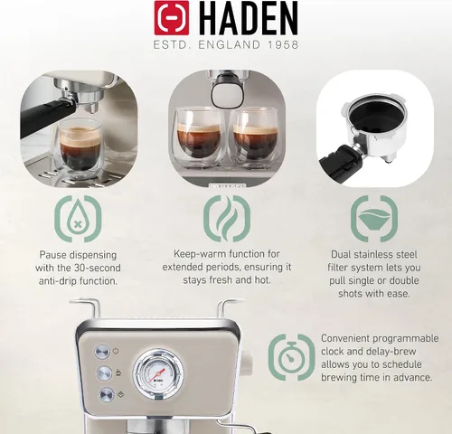 Miniatura 3 de HADEN Barista Brew - Cafetera de café expreso, de acero inoxidable con espumador de leche y vaporizador y tanque de agua de 1.5 L, masilla y cobre