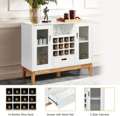 Miniatura 5 de Giantex Aparador de buffet, servidor de cocina de madera, armario de almacenamiento, estante para vino, 2 gabinetes, cajón y estante abierto