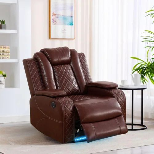 Miniatura 26 de Juego de sofá reclinable de cuero eléctrico con LED, juego de sala de estar de cuero, juego de sofá reclinable con puerto USB/soporte