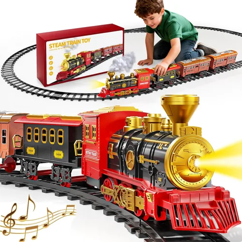 Juego de tren eléctrico para niños, juguetes de tren de Navidad con humo, luz y sonido, pistas de tren de construcción de bricolaje debajo del árbol
