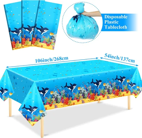 Miniatura 2 de Juego de 3 manteles de plástico con diseño de tiburón y animales bajo el mar, 106 x 54 pulgadas, diseño de ondas oceánicas para baby shower, playa