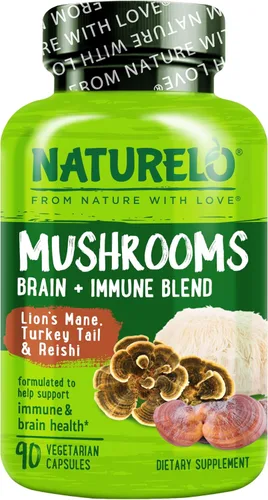 NATURELO Cápsulas de suplemento de hongos, 90 unidades, apoyo para el cerebro y el sistema inmunológico, aptas para veganos, cápsulas de suplemento