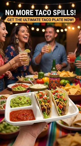 Miniatura 7 de Platos desechables blancos para tacos para 2 tacos y 2 lados – Paquete de 25 Platos de papel de primera calidad con divisores, soporte para tacos