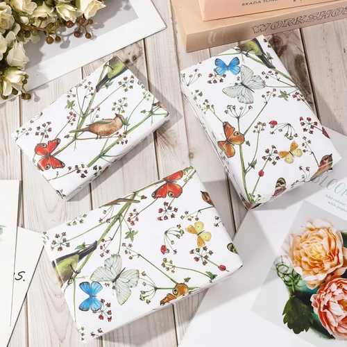 Miniatura 3 de AnyDesign 6 hojas de papel de regalo de pájaros, no enrollado, papel de regalo de flores de mariposa de acuarela, papel de arte decorativo plano