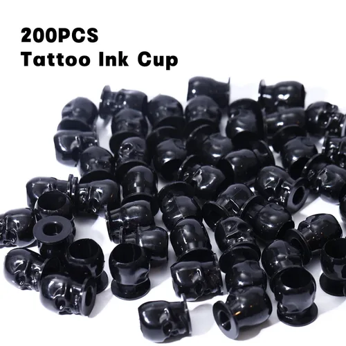 Miniatura 6 de Tapas de tinta de tatuaje, vasos desechables de tinta de tatuaje de calavera, 200 unidades, tapas de tinta de plástico para tatuajes, maquillaje