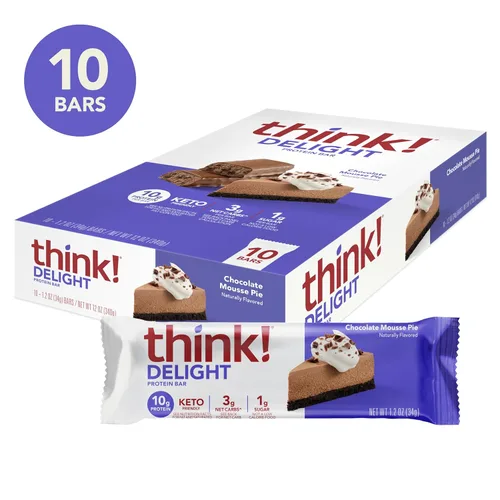 Miniatura 11 de think! Delight Barras de proteínas, bajas en carbohidratos, sin gluten, pastel de mousse de chocolate, 10 unidades (el embalaje puede variar)