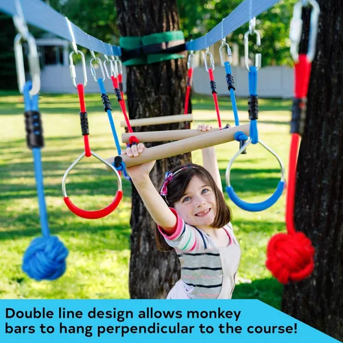 Miniatura 3 de Double Ninja Slackline - Carrera de obstáculos para niños Línea de 80 pies Equipo de juegos Ninja Slackline Monkey Bars Curso de cuerdas Ninja