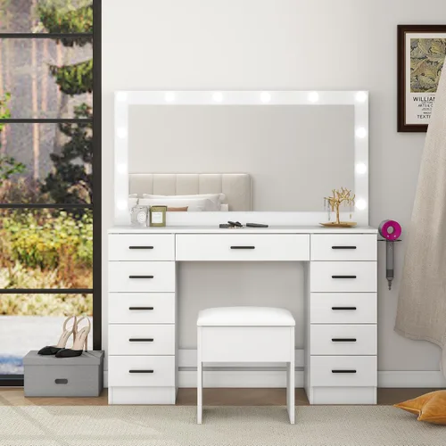 Miniatura 3 de Escritorio de tocador con espejo grande y luces, 11 cajones, mesa de maquillaje con taburete, 3 modos de iluminación, brillo ajustable, tocador
