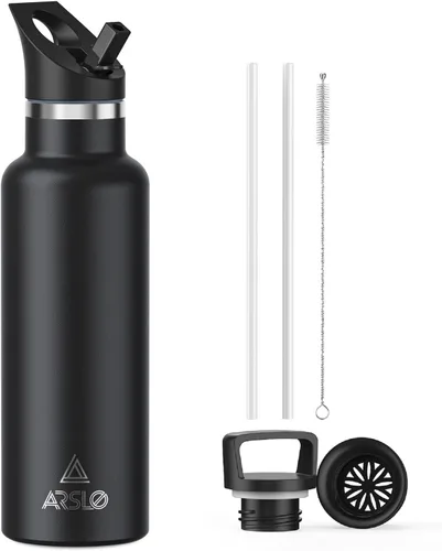 Botellas de agua de doble pared de acero inoxidable, botella aislada al vacío con tapa con popote, botella de agua aislada mantiene el agua fría