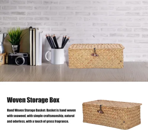Miniatura 4 de Cesta de almacenamiento de hierba marina natural, cesta rectangular tejida de ratán natural con tapas, organizador de escritorio, cesta decorativa