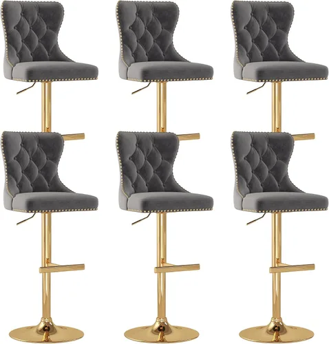 Miniatura 11 de Juego de 2 taburetes de bar, taburetes giratorios de terciopelo con respaldo copetudo, asiento ajustable con ribete de cabezas de clavos, sillas