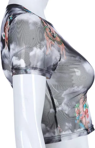 Miniatura 2 de HitZoom Blusa corta de malla con bordado de diablo transparente para mujer