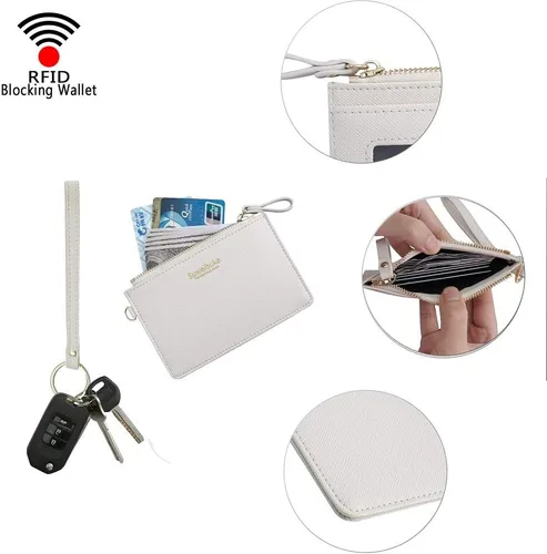 Miniatura 5 de Estuche Delgado para Tarjetas RFID para Mujer con Correa de Muñeca, Cartera con Cremallera para ID, Cartera de Cuero Pequeña, Monedero con Llavero