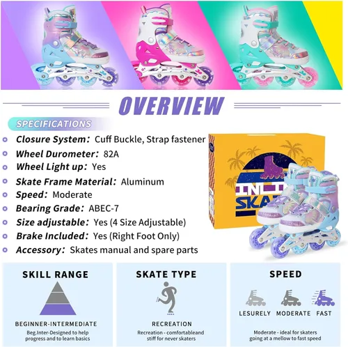 Miniatura 7 de MammyGol Patines en línea para niñas y niños, 4 tamaños ajustables, patines de mariposa con ruedas intermitentes de colores vibrantes, patines