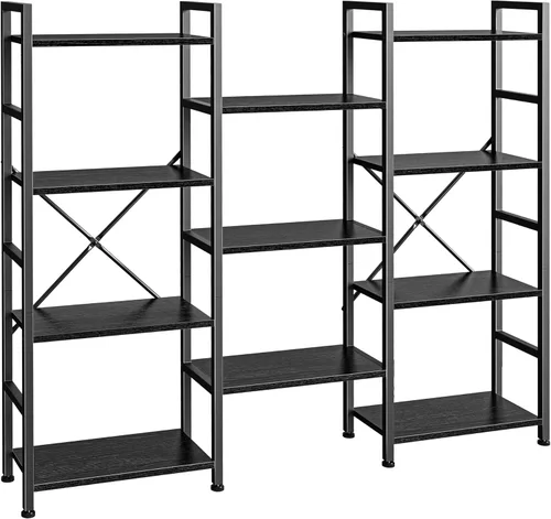 SUPERJARE – Estantería triple de 4 niveles, estantería con 11 estantes de exhibición abiertos, estantería amplia para libros y oficina, color negro