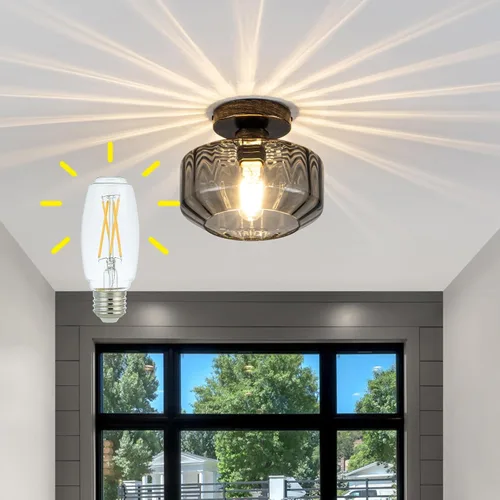 Lámpara de techo empotrada de vidrio ahumado con LED de 1200 lúmenes, color negro champán dorado de 8.66 pulgadas, accesorio clasificado para