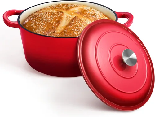 Miniatura 12 de P&P CHEF Horno holandés esmaltado de 5 cuartos de galón, olla holandesa de hierro fundido con tapa para hornear pan, olla esmaltada para asar, Caqui