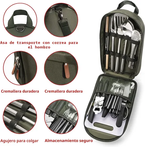 Miniatura 2 de Juego de utensilios de cocina portátil para acampar de 27 piezas, kit de utensilios de cocina de acero inoxidable para cocinar y asar al aire libre