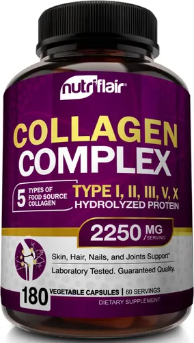 NutriFlair Péptidos de colágeno múltiple de 2250 mg, tipo I, II, III, V, X, suplementos de colágeno complejo en polvo para mujeres y hombres,