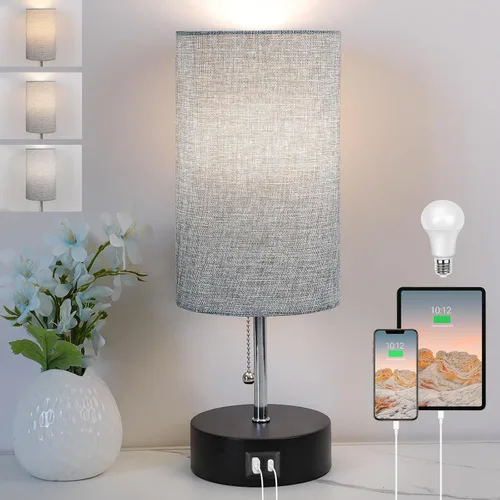 Lámpara de mesita de noche de 3 colores con puerto USB A y puerto C, lámpara de mesa para dormitorio con bombilla LED, lámparas pequeñas para sala