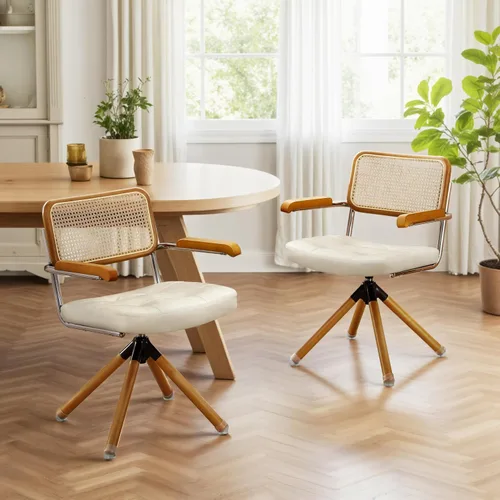 Miniatura 13 de Zouron Silla de escritorio moderna de mediados de siglo, silla de oficina de piel sintética sin ruedas, sillón giratorio con respaldo de ratán