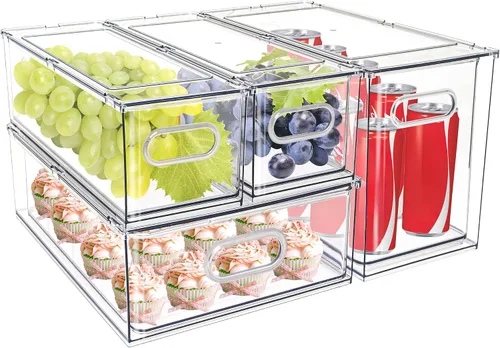 Miniatura 10 de Cajón apilable para nevera con asas, paquete de 3 recipientes grandes transparentes para alimentos con divisores extraíbles, caja de almacenamiento