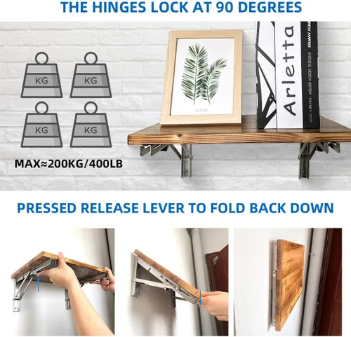 Miniatura 4 de Soportes plegables para estantes de 16 pulgadas, bisagras plegables de acero inoxidable resistente, soporte en L para montaje en pared, soporte en L