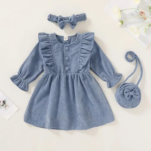 Miniatura 4 de Happy Town Ropa de otoño para niñas pequeñas, vestido de pana de manga larga con volantes con bolsa cruzada y diadema de 1 a 6 años