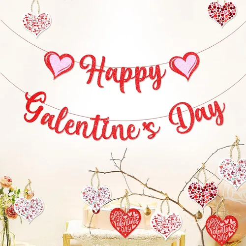 Miniatura 2 de Cartel de Feliz Día de Galentinos con purpurina roja, decoraciones de papel de fieltro, guirnalda de corazón, accesorios de fotos para decoración