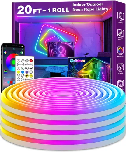 Tira de luces de neón de 20 pies, cuerda de luces LED flexible con aplicación/control remoto, múltiples modos de luces, luces de neón LED RGB IP65