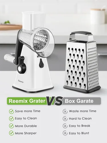 Miniatura 2 de Reemix - Rallador rotativo de queso con asa, triturador de queso vegetal para cocina, 3 cuchillas intercambiables para queso, papa, calabacín, Blanco