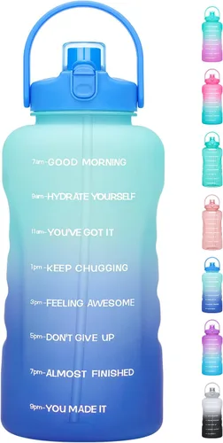 Miniatura 11 de Botella de agua de un galón con popote, 128 onzas (3.8 L), libre de BPA - Innovadora botella deportiva con tapa 2 en 1 con recordatorios Jacaranda