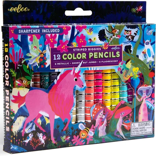 eeBoo: Rayas Biggies 12 lápices de color: criaturas mágicas, juego de 12 piezas con 6 fluorescentes y 6 colores metálicos, incluye sacapuntas,