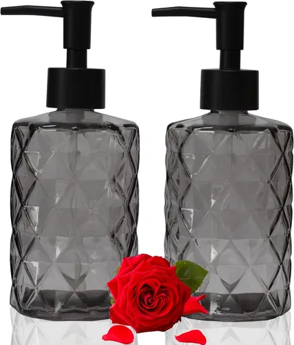 Miniatura 16 de Dispensador de jabón de vidrio verde con bomba de plástico negro, dispensador de jabón líquido para manos recargable de 12 oz, paquete de 2 botellas