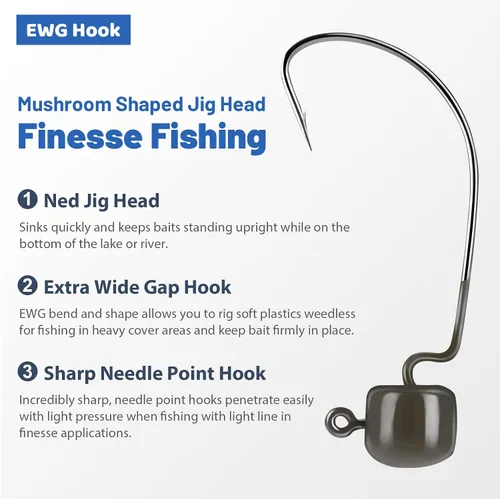 Miniatura 2 de MadBite by KastKing Ned Rig Jig Heads for Soft Fishing Lures, 24-Pack Finesse Standard Mushroom Stand-up Ned Heads Kit, Needle Point Saltwater &