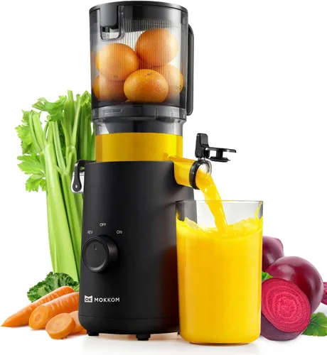 MOKKOM Extractor de Jugo de Prensa Fría, Máquina Extractor de Jugo con Tolva de Alimentación Grande Actualizada, Alto Rendimiento de Jugo, Extractor
