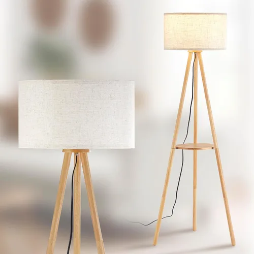 Miniatura 9 de Lámpara de pie trípode de madera BTP, luz de pie de granja con estante de madera y pantalla de tambor para sala de estar, dormitorio, oficina