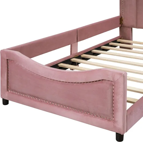 Miniatura 7 de Linique Base de cama tapizada de terciopelo de tamaño individual con ribete de clavos y cabecera en forma de rayas, cama clásica sin necesidad