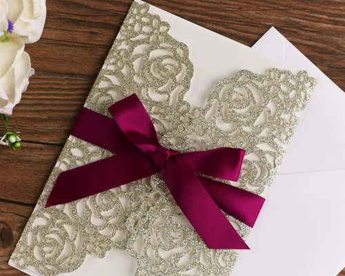 Miniatura 4 de ponatia 25 unidades por lote de 250 GSM, 5.12 x 7.1 pulgadas, con purpurina, rosa hueca con cinta burdeos, para boda, despedida de soltera