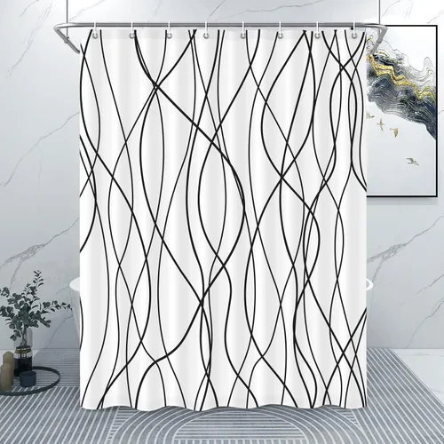 Miniatura 62 de Juego de cortinas de ducha azul egeo para baño con ganchos, cortinas de baño decorativas repelentes al agua y lavables con rayas blancas, 72 x 72