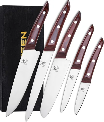 Naitesen Juego de 5 cuchillos de chef de cocina profesional con protectores de cuchilla, mango de madera de acero de alto carbono, afilado para