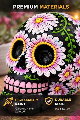 Miniatura 6 de Banco de monedas con diseño floral de calavera de azúcar negra y rosa de 5 pulgadas