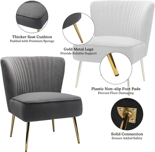 Miniatura 4 de Tina's Home Silla decorativa de terciopelo sin brazos, silla auxiliar pequeña tapizada moderna con patas doradas, cómoda y bonita silla con respaldo
