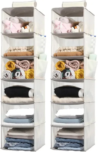 Miniatura 8 de Paquete de 2 organizadores colgantes para armario, estantes colgantes de 4 niveles para armario con inserciones de bambú resistentes, color negro