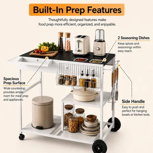 Miniatura 6 de SUNLEI Organizador de almacenamiento de cocina con cesta de especias, isla de cocina sobre ruedas con soporte para toallas de papel, ruedas