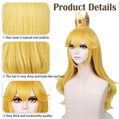 Miniatura 6 de LABEAUTÉ Aldult - Peluca rubia de princesa para mujer con corona, broche + clip para la oreja + gorra, juego de 5 piezas de peluca dorada larga