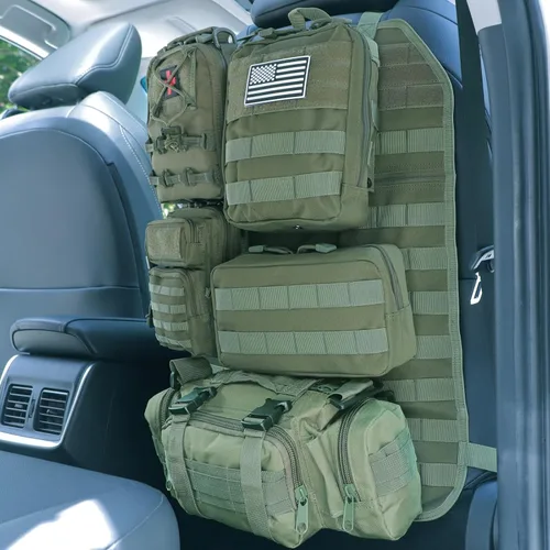 Miniatura 9 de Organizador táctico universal para respaldo de asiento, panel Molle para vehículo, bolsa de almacenamiento con 5 bolsas Molle desmontables