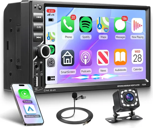 Rimoody Estéreo inalámbrico de doble DIN Carplay para automóvil, Android Auto, pantalla táctil de 7 pulgadas, radio de coche de 2 DIN con enlace de