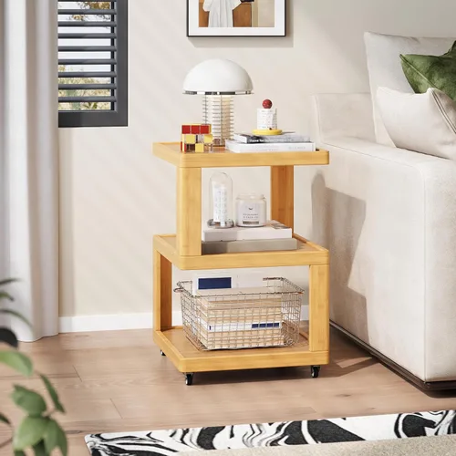 Miniatura 6 de ZIYOO Mesa auxiliar móvil de madera maciza de 3 niveles con ruedas, mesita de noche de madera, organizador de almacenamiento de diseño flotante