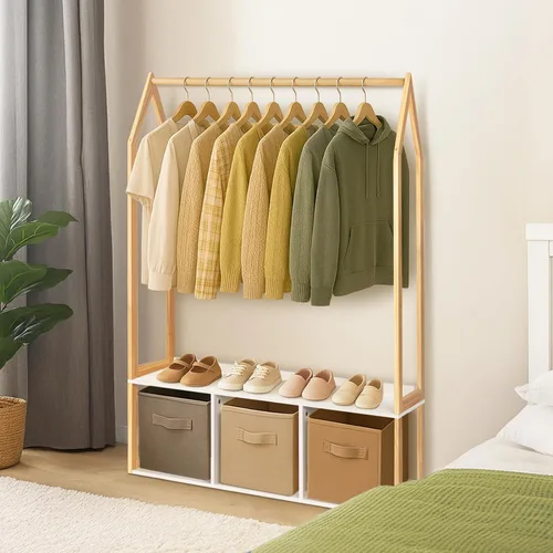 Miniatura 5 de Perchero de madera con almacenamiento, estantes de ropa independientes para colgar ropa perchero para dormitorio, entrada, sala de estar
